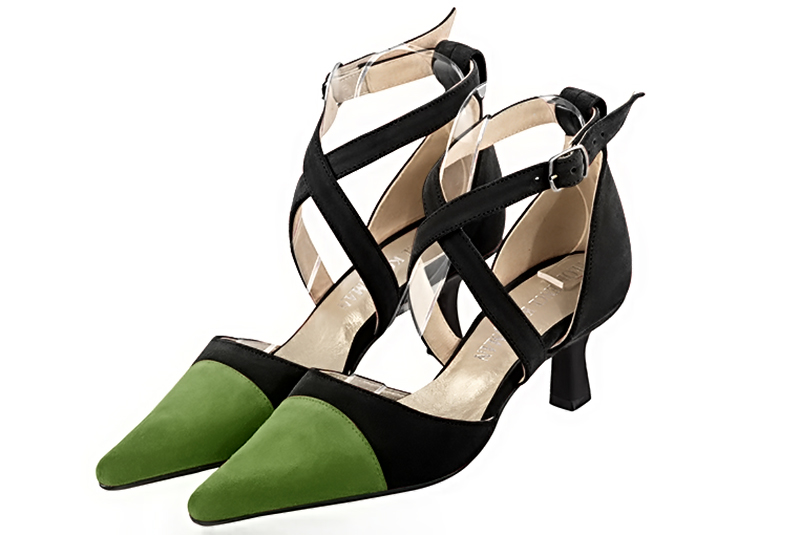 Grass green and matt black women's open side shoes, with crossed straps. Pointed toe. Medium spool heels. Front view - Florence KOOIJMAN
